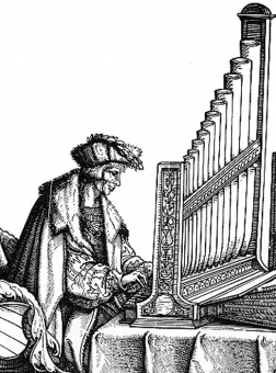 Paul Hofhaimer an der Orgel, Holzschnitt von Hans Burgkmair aus dem "Triumphzug Kaiser Maximilians" 