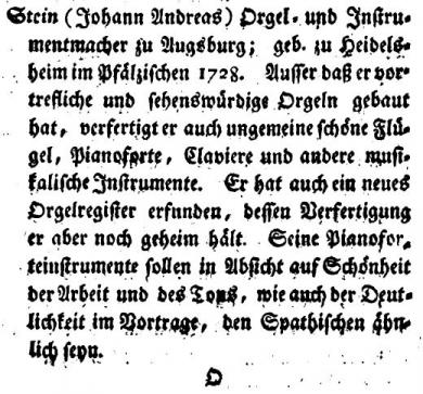 "Musikalischer Almanach für Deutschland auf das Jahr 1782", Nikolaus Forkel. Aus dem Kapitel: "Verzeichnis der besten Instrumentenmacher in Deutschland"