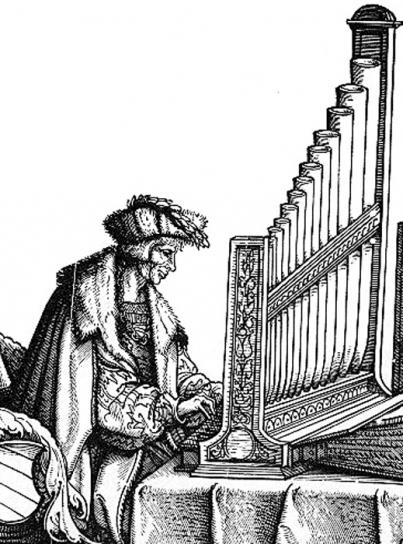 Paul Hofhaimer an der Orgel, Holzschnitt von Hans Burgkmair aus dem "Triumphzug Kaiser Maximilians" 